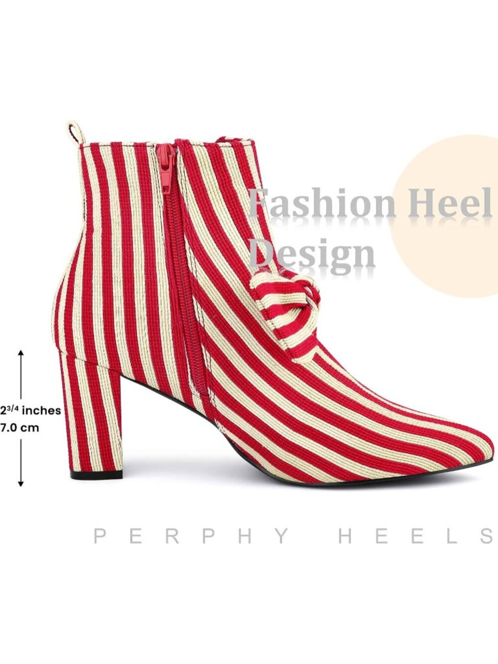 Women's Red Fashionable Bow Stripe Pointed Toe Chunky Heels Winter Ankle Boots - Picture 6 of 6